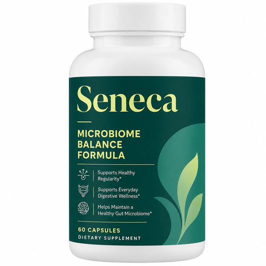 Seneca Microbiome Balance Formula supplement bottle, 60 capsules. White plastic bottle with dark green label listing three benefits: supports healthy regularity, everyday digestive wellness, and healthy gut microbiome.